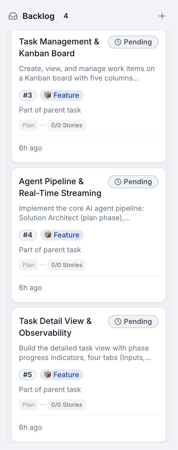 Backlog column with pending features